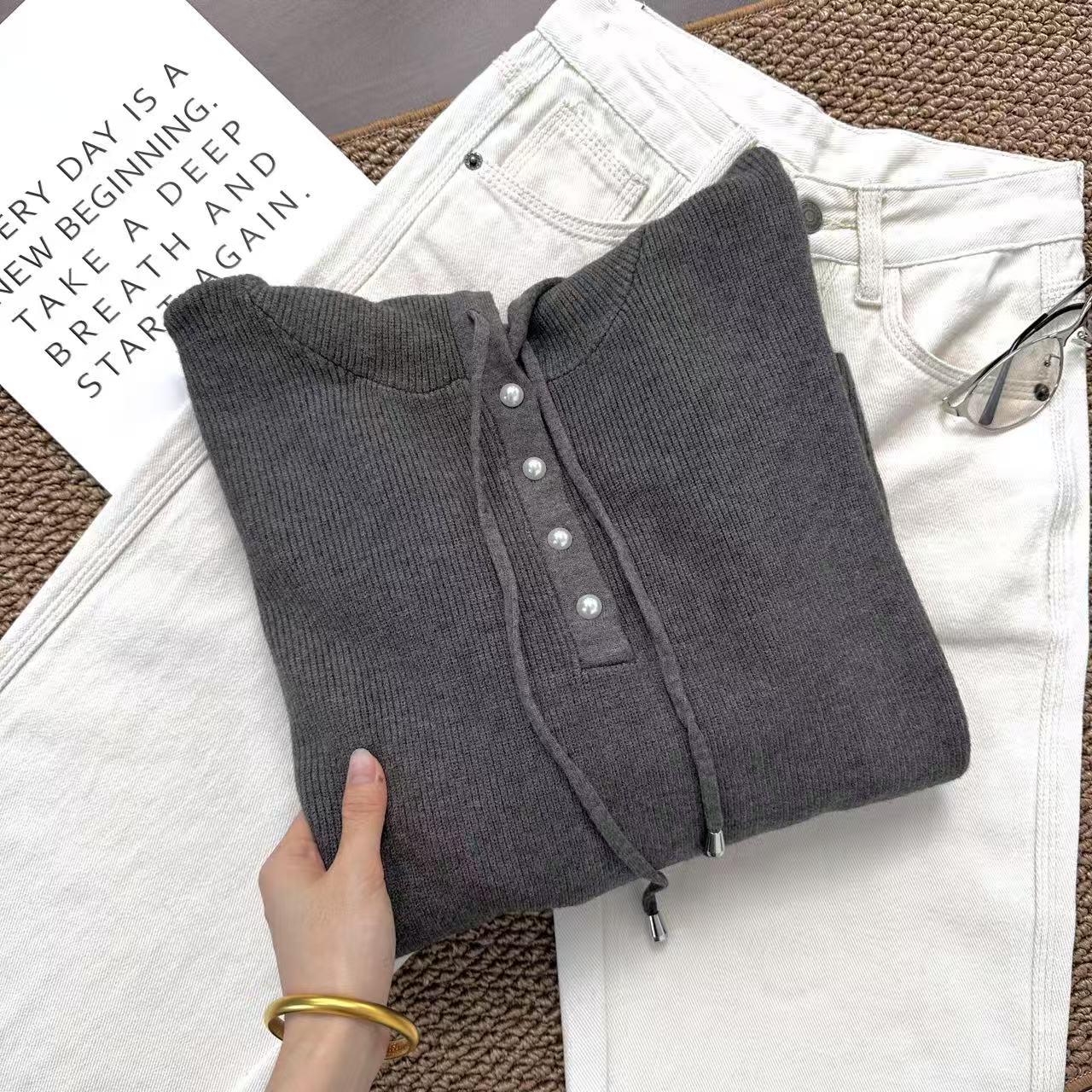 珍珠扣帽衫！！600克重厚款~慵懒风 抽绳半开扣#针织衫Y8341灰