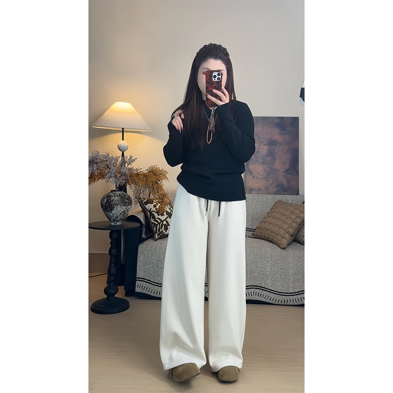 秋冬大码米杏色糯米裤宽松显瘦直筒垂感松紧腰阔腿百搭上班休闲裤