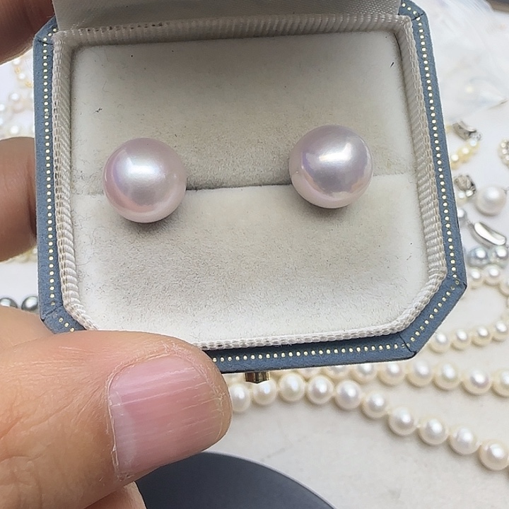 淡水珍珠耳饰银S925镶嵌珍珠耳钉11-12mm