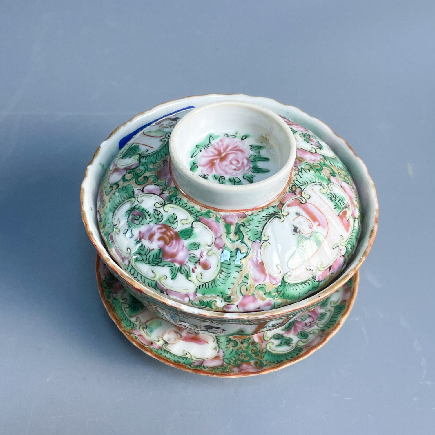 晚清 广彩开窗人物花鸟纹三才盖碗6-M25KP002868-03