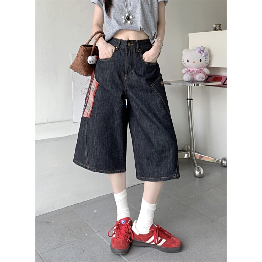 美式格纹拼接设计感牛仔七分裤2025夏季新款高腰复古宽松阔腿短裤