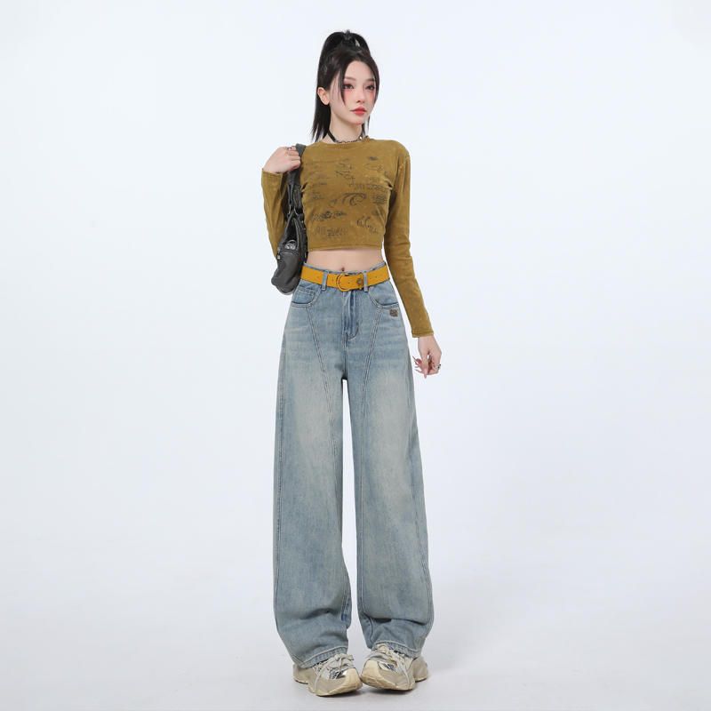 活力黄弯刀阔腿牛仔裤女2025春季新款高腰宽松显瘦直筒拼接香蕉裤