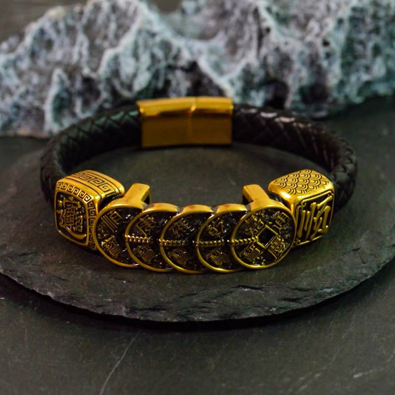 国潮足金五帝钱黄金手镯男款五福临门复古黑金招财男士手环送男友