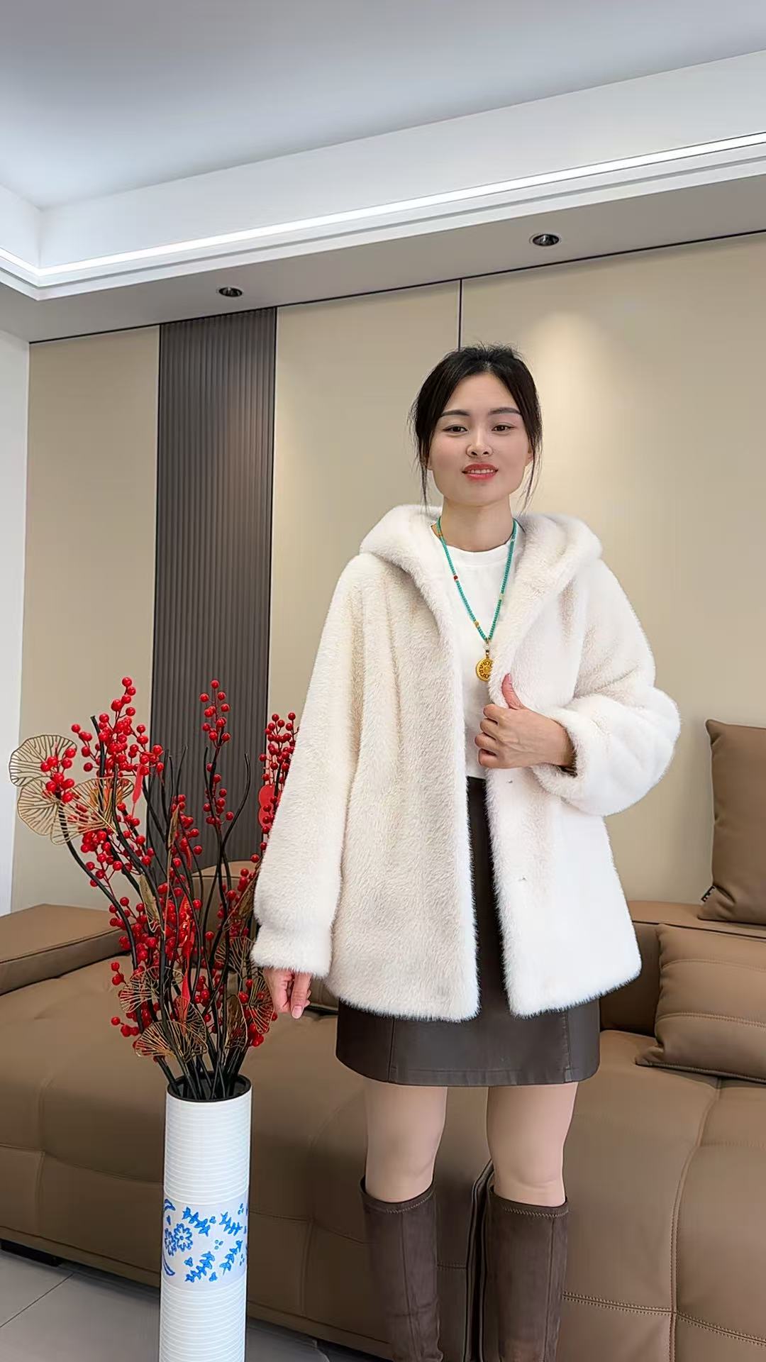 【金标正品】70长大衣皮毛一体连帽外套加厚冬季宽松环保皮草妈妈装