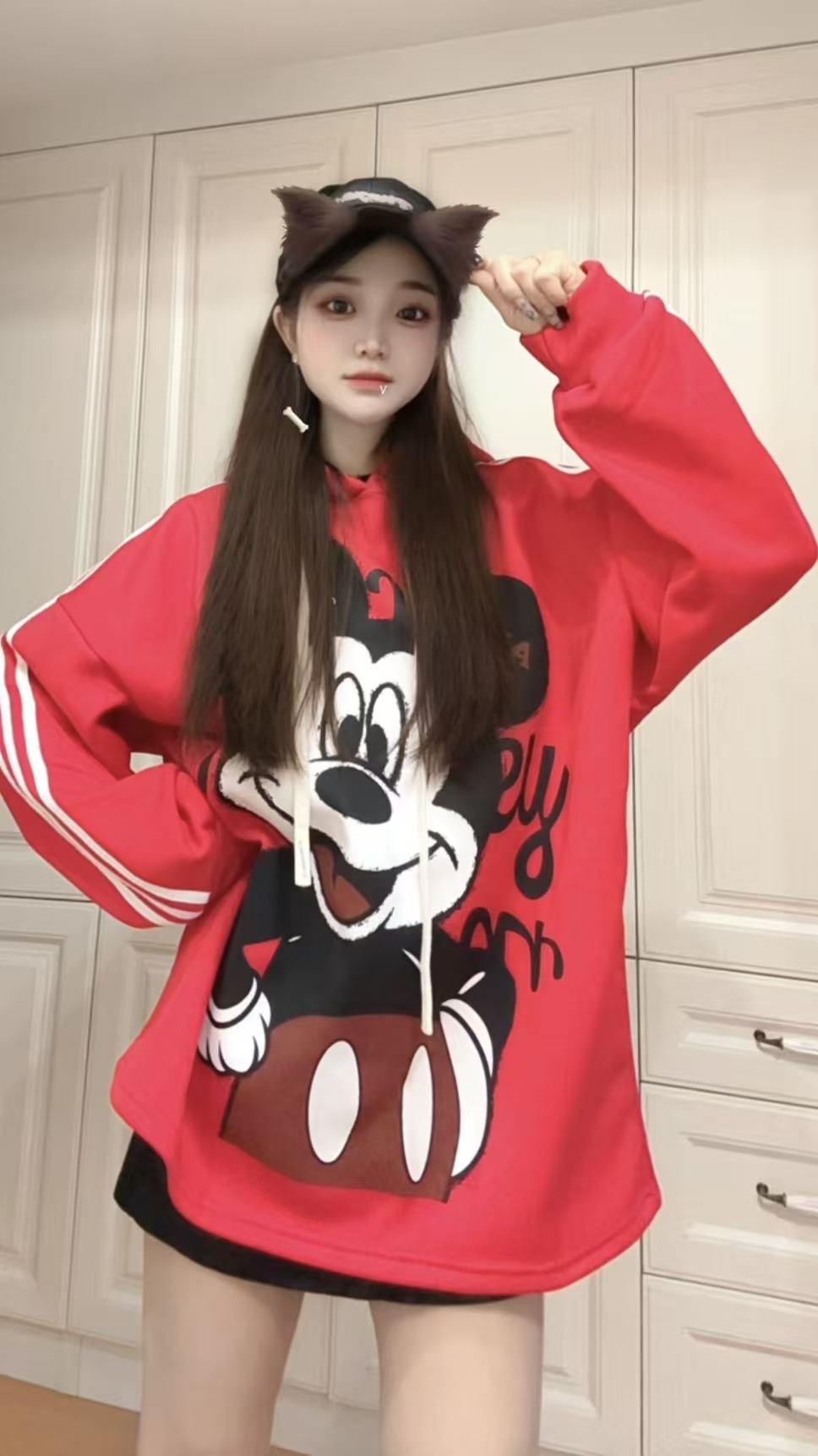 [412加绒连帽卫衣]红色米奇三拉杠男女通穿加绒连帽卫衣