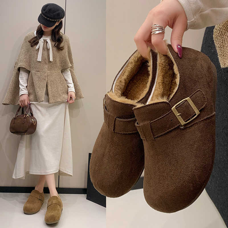 加绒全包勃肯鞋女2025冬款内增高保暖平底一脚蹬孕妇软底豆豆棉鞋