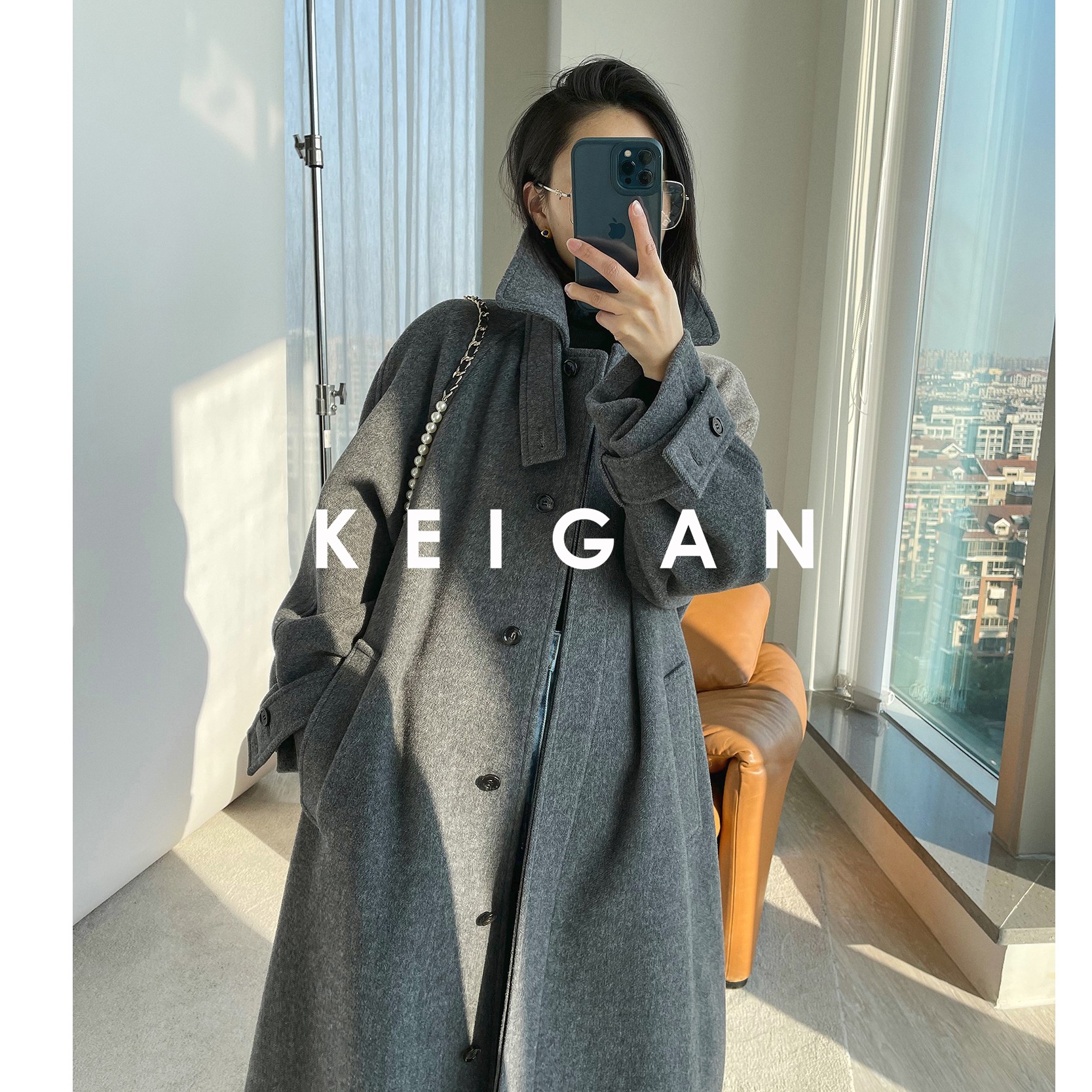 KEIGAN/开间黑标/时髦蝶变意大利进口彩点人字纹廓形鱿鱼大衣显瘦