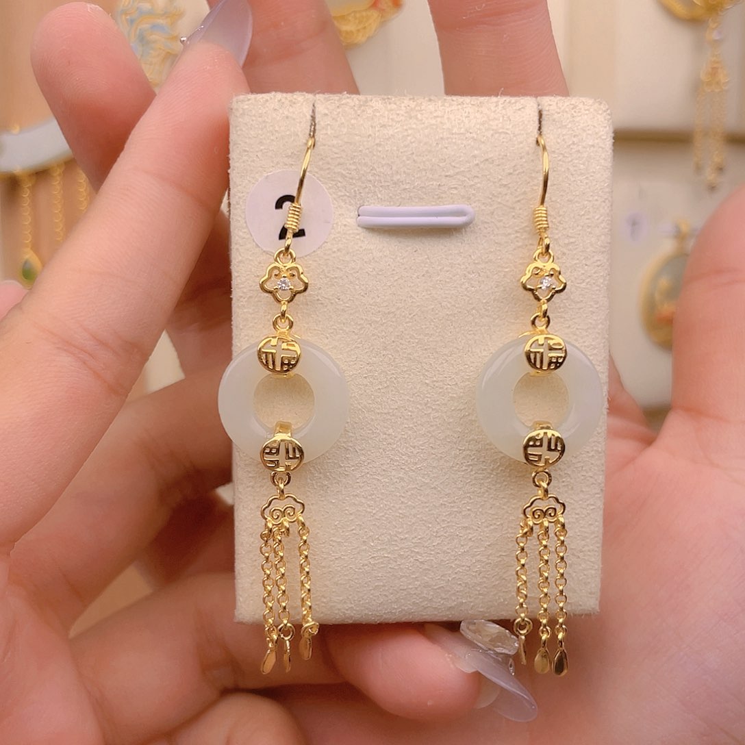 和田玉银S925镀金镶嵌耳饰