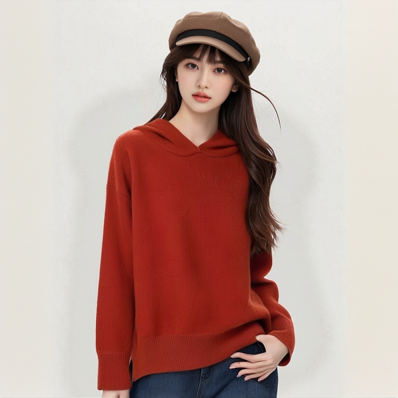 0321 纯色简约连帽毛衣秋冬设计感慵懒风软糯百搭针织上衣8203
