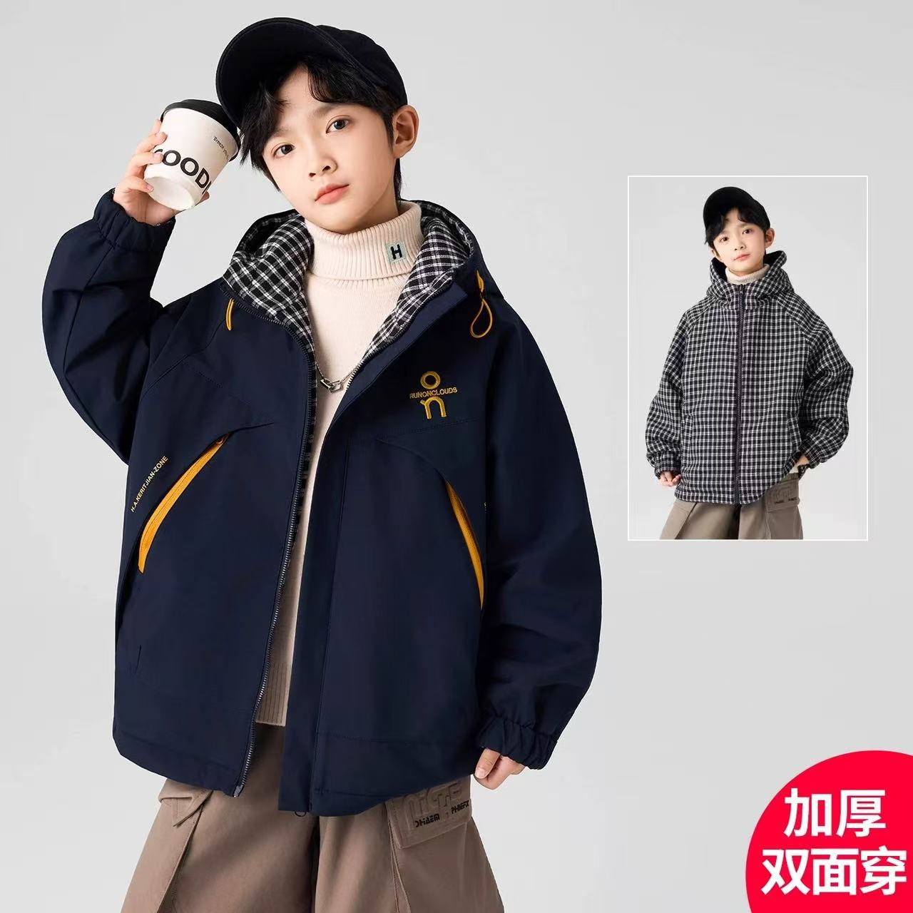 201253童装男童棉衣外套2025冬潮酷时尚加棉加厚两面穿棉服外套帅