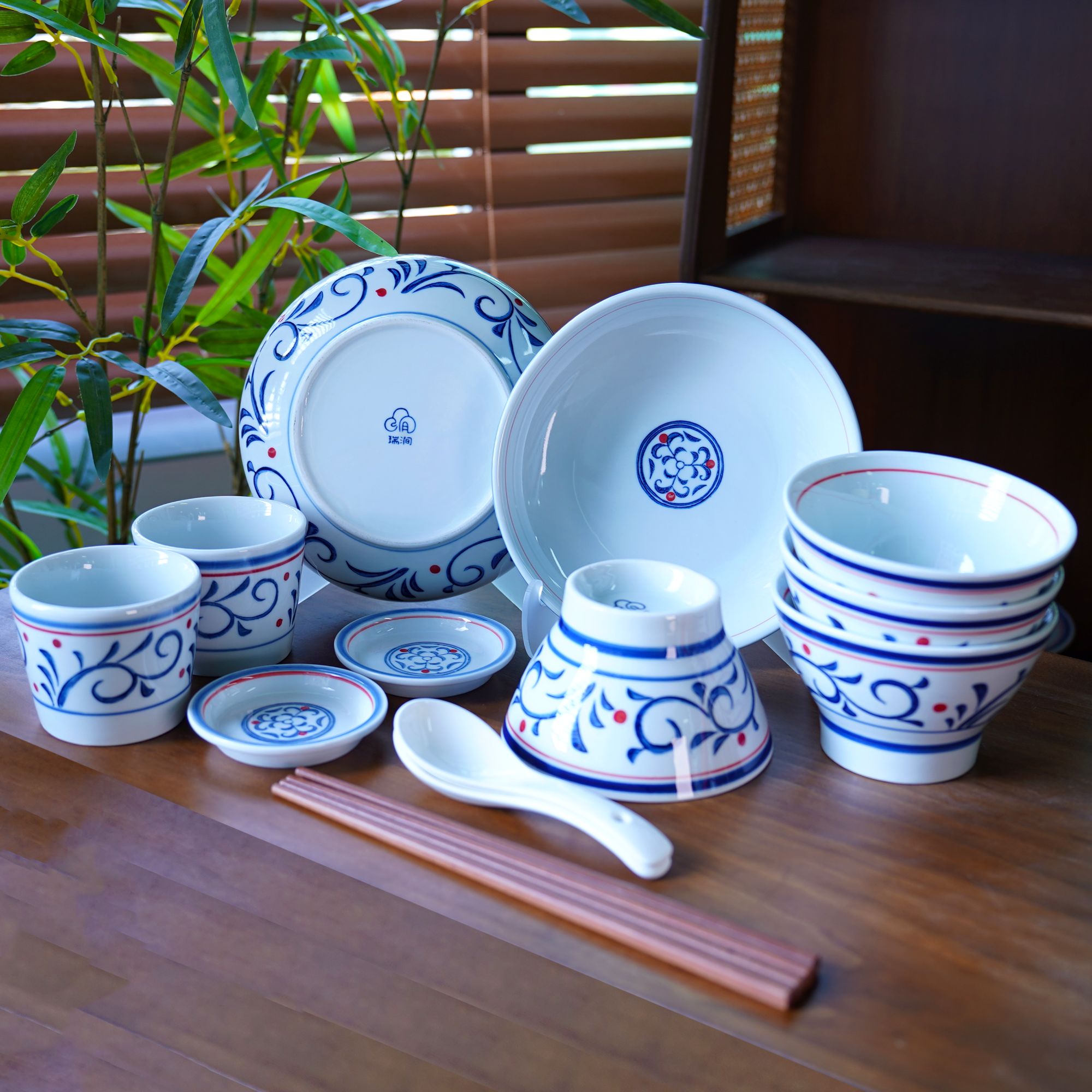 RIGEIAN/瑞涧【7件+8件】红豆卷草套装斗笠大胖福利釉下彩中国风