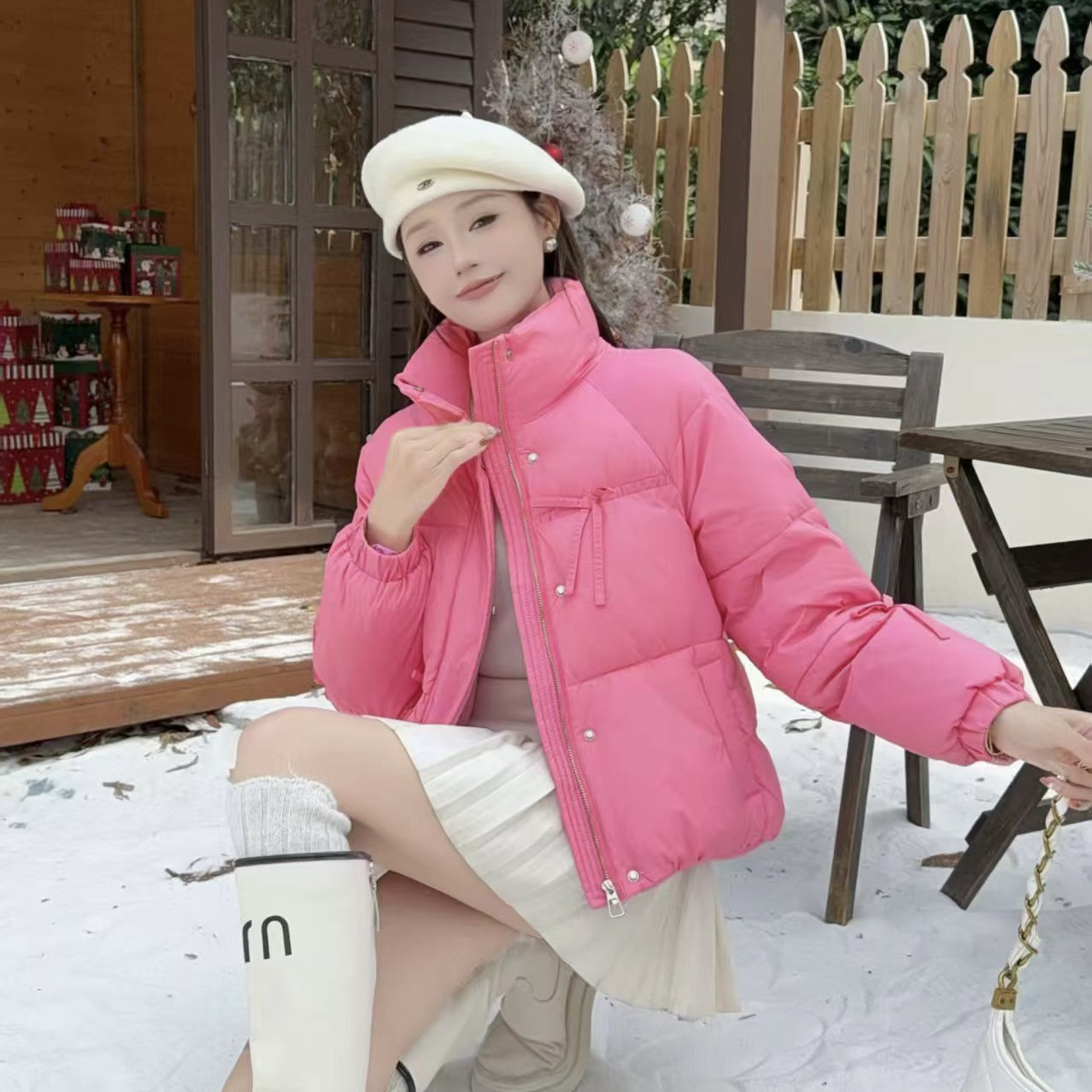 爱优品 2025冬季新款蝴蝶结装饰修身显瘦洋气棉外套