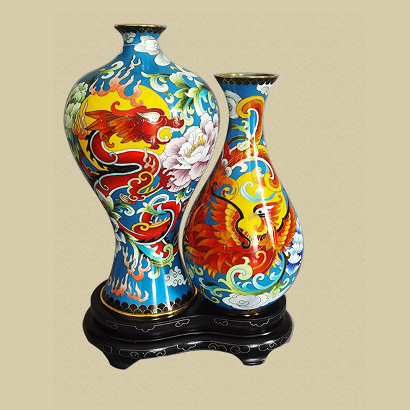 景泰蓝 龙凤呈祥情侣对瓶（大瓶高约25cm 小瓶高约21cm）