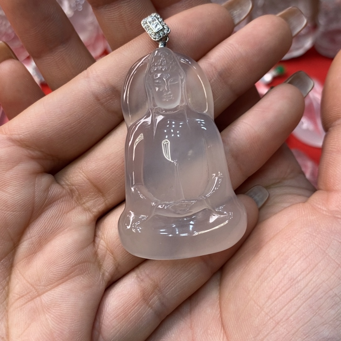 石英质玉银S925镶嵌素衣观音吊坠