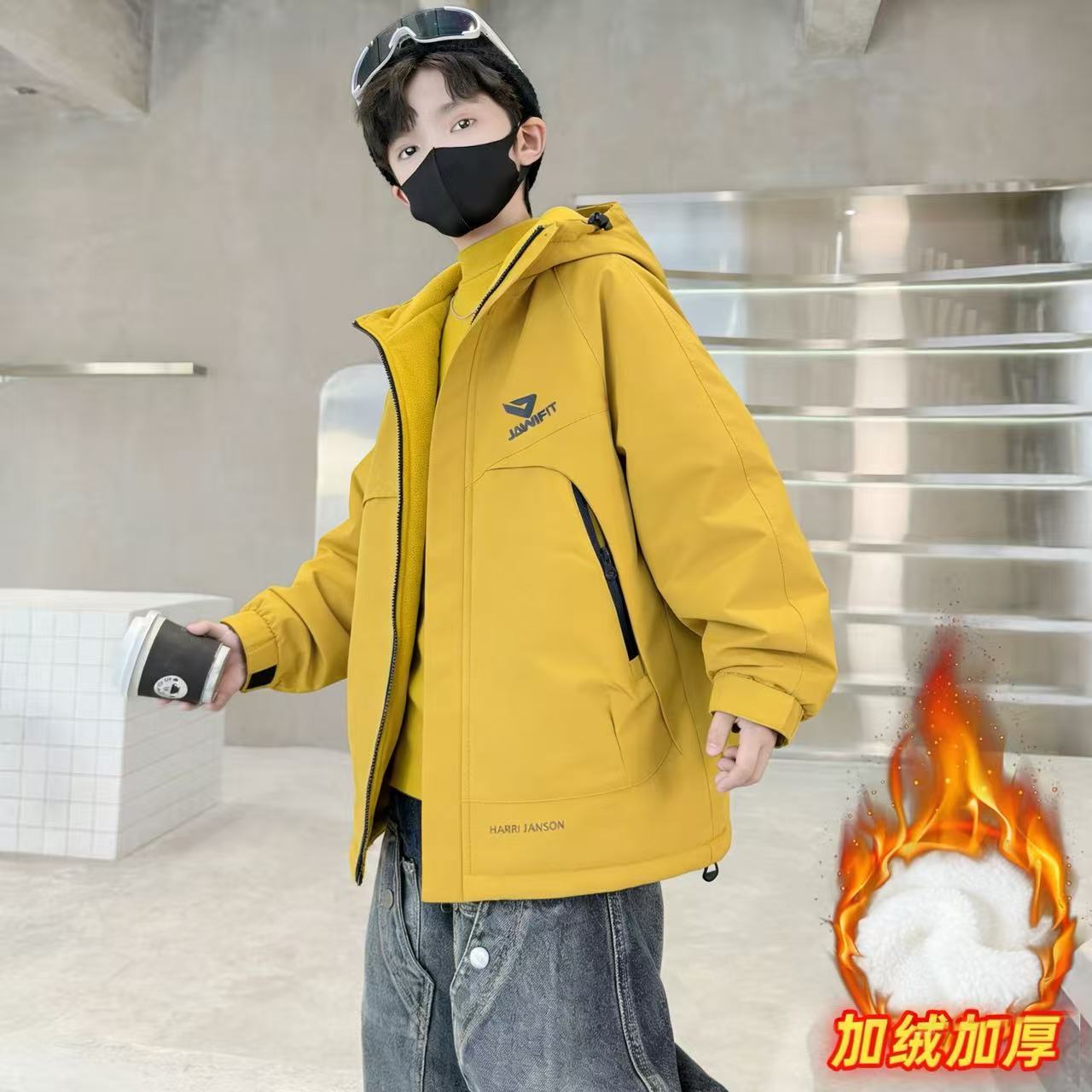 201196童装男童洋气棉衣2025冬潮酷时尚夹棉加绒加厚棉服连帽外套