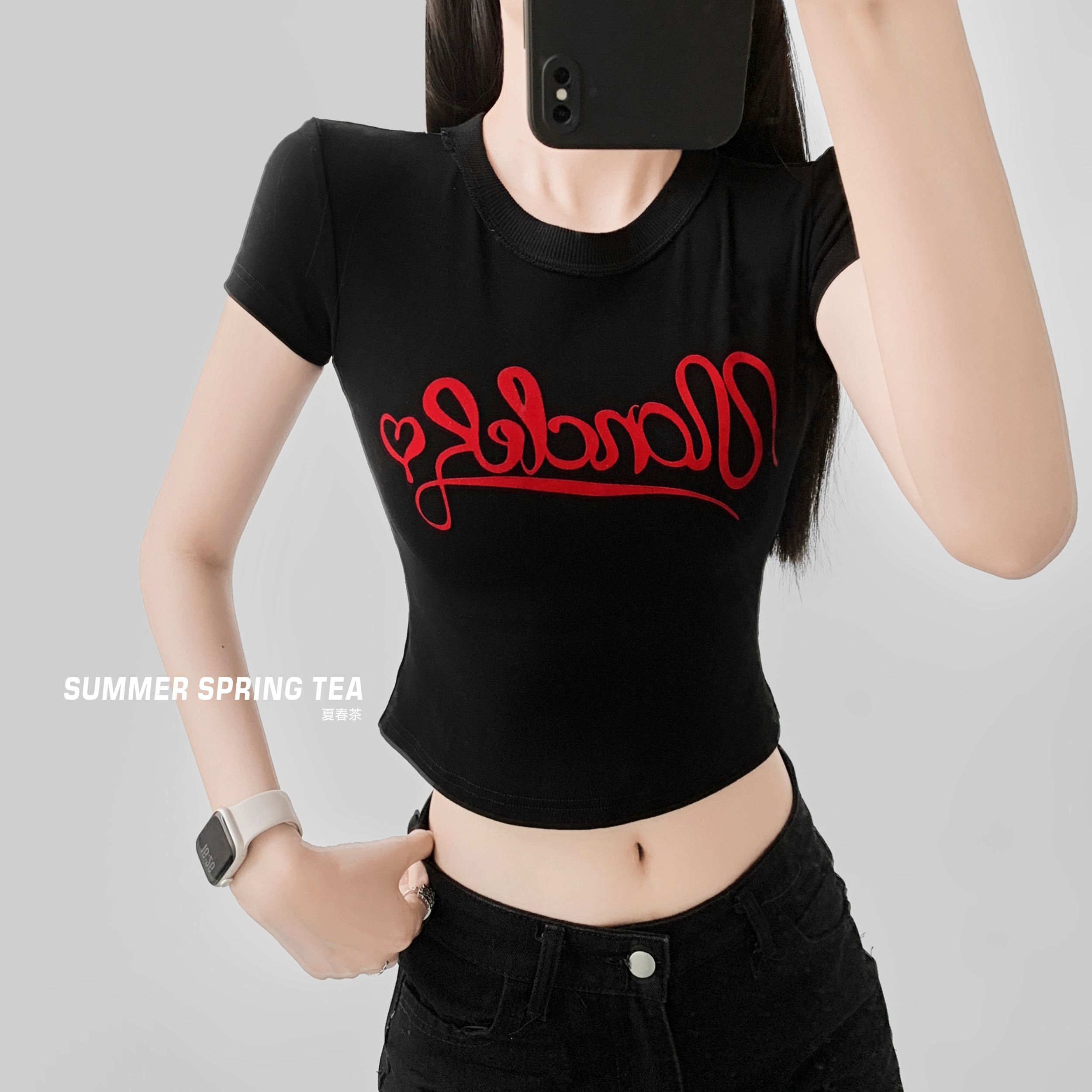【夏春茶】MINGXING款设计 甜辣妹美式正肩T 夏季小众别致修身显