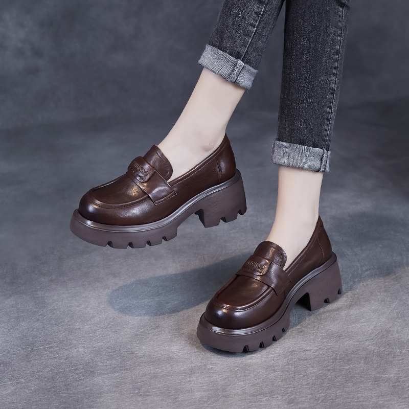 【千诗定制】头层牛皮2025新款乐福鞋厚底复古女鞋粗跟百搭真皮单鞋