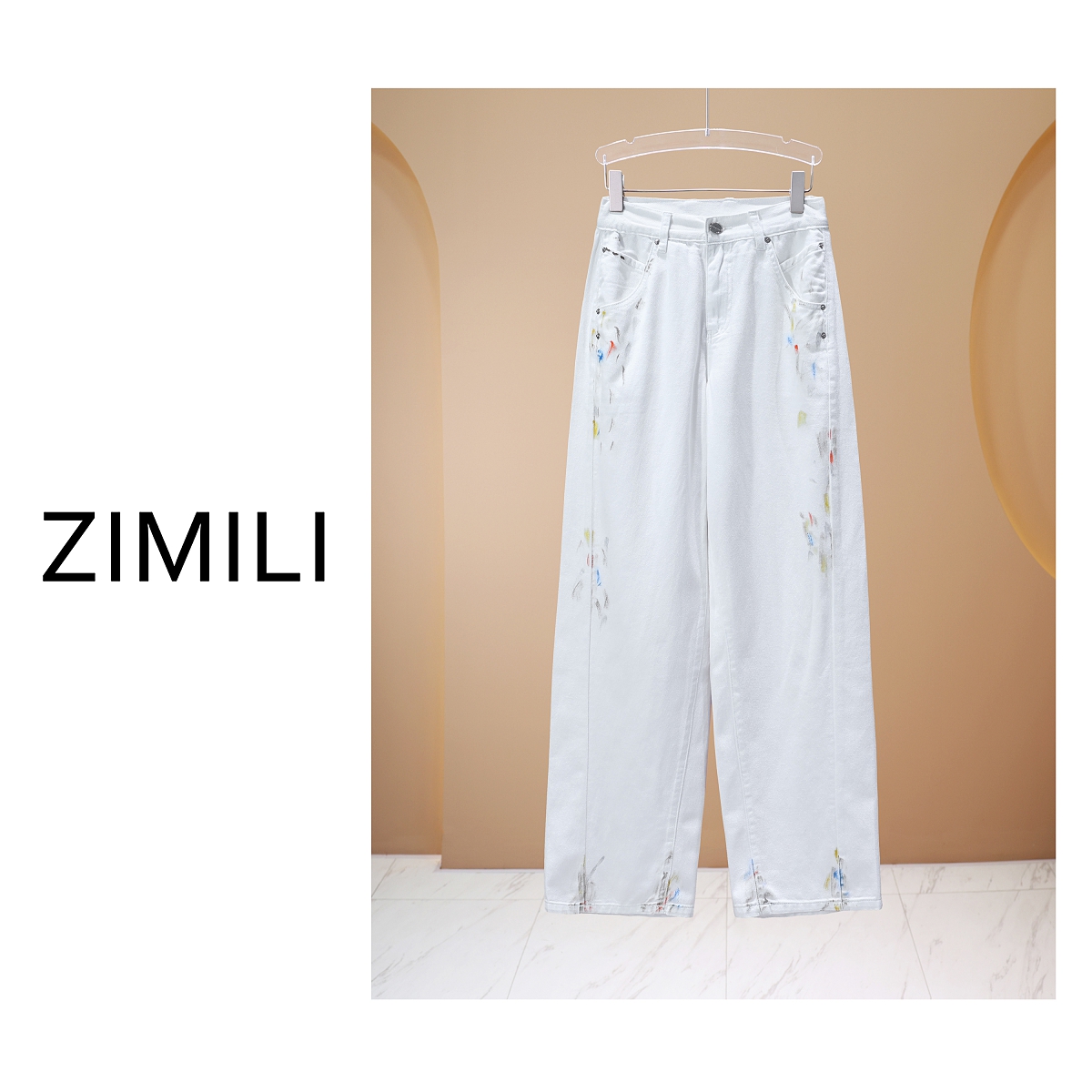 【亮哥女装】2025冬季《屋上春鸠鸣》白色涂鸦点缀高腰牛仔裤6715-H8