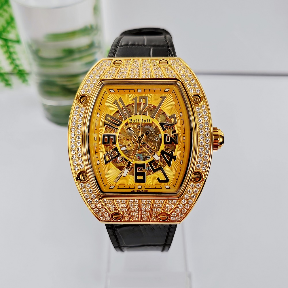 【新升级】男士全自动镂空机械金表豪镶酒桶黄金999带钢印（62222G）