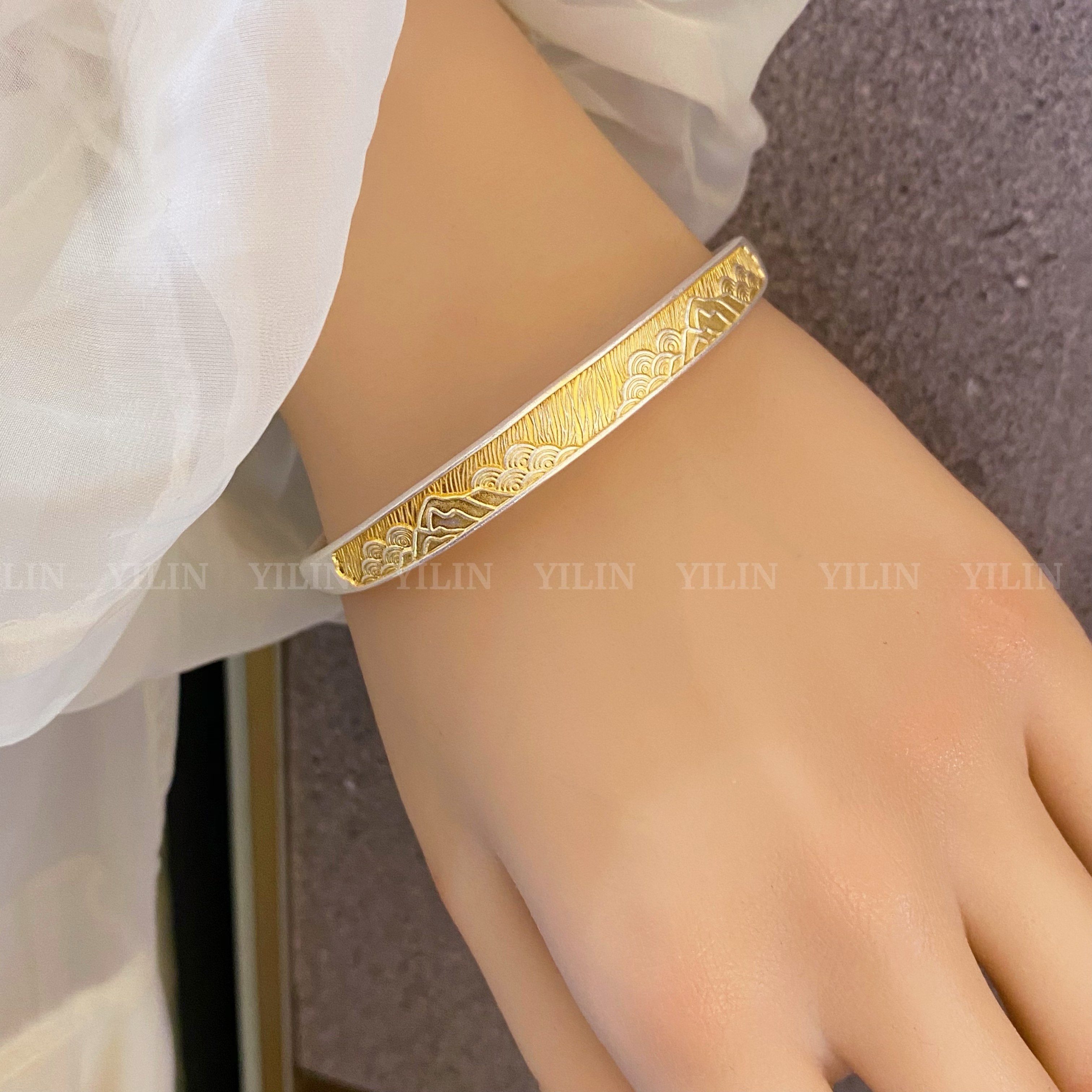 足银手镯 千里江山描金纯银手镯可调节复古镯子足银999.9推拉新款