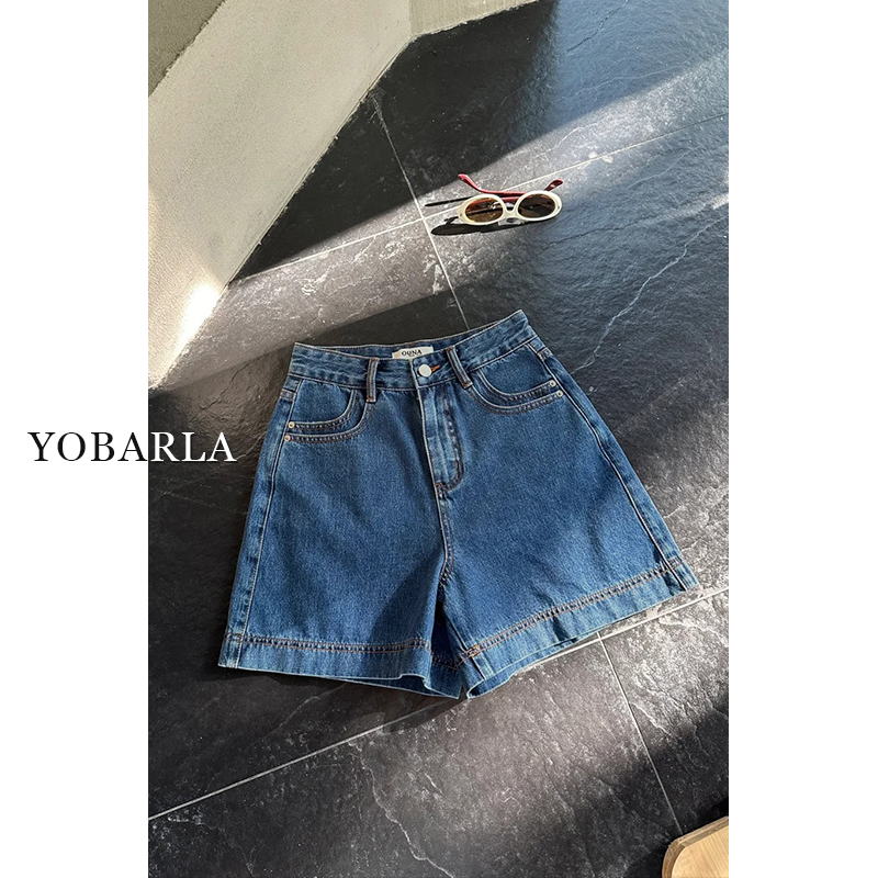 蓝色高腰直筒牛仔裤女夏季新款大码宽松梨型身材遮肚显瘦a字热裤