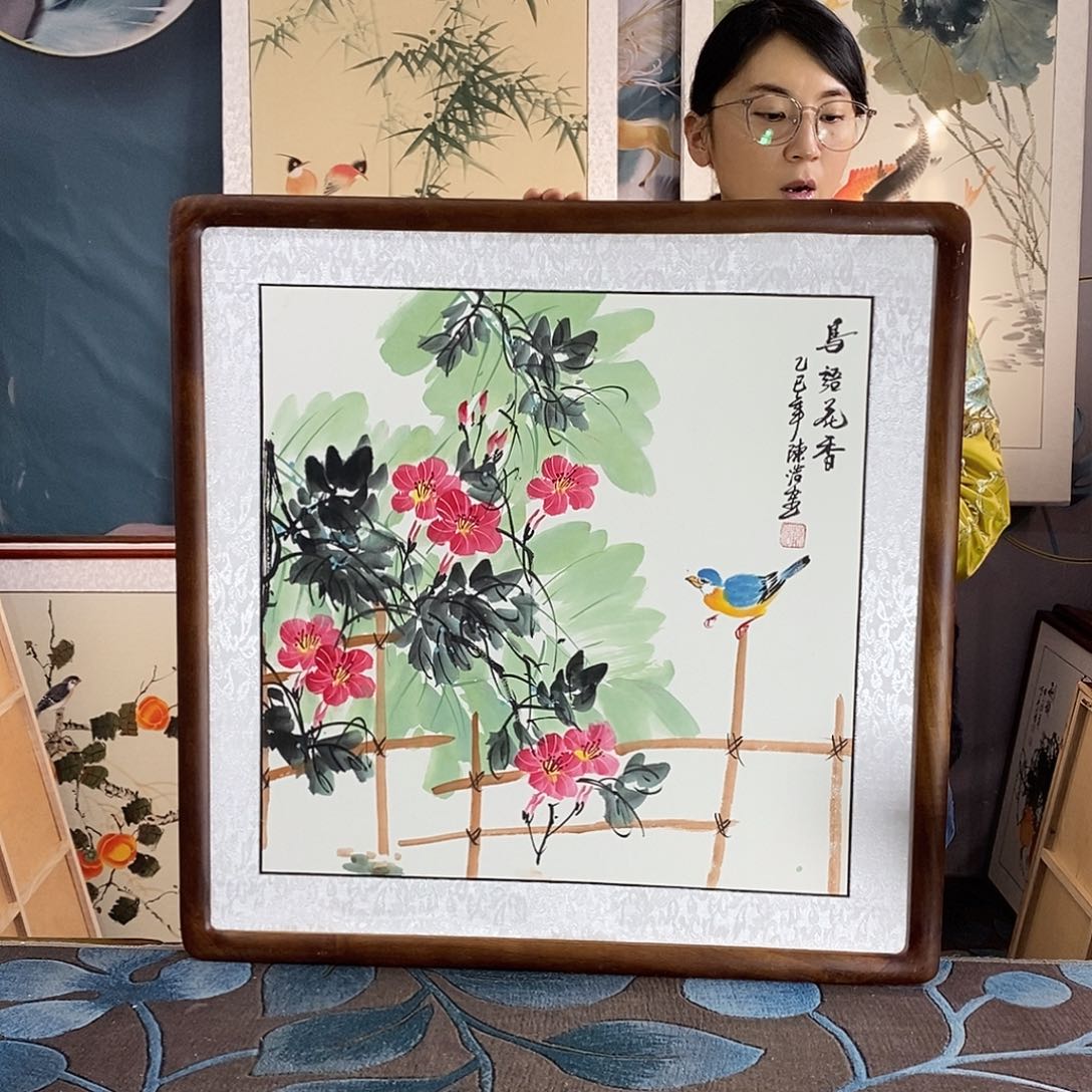 国画手写手绘带框包邮国画作品62✖️62