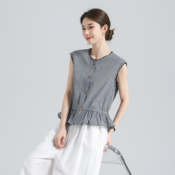 燕苹新夏款甜美圆领蕾丝花边无袖荷叶边下摆薄款透气衬衫ZQY25-35