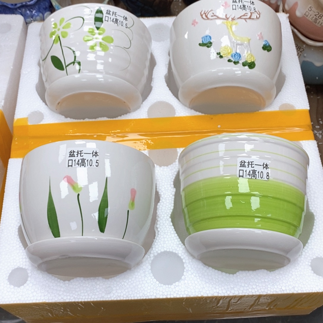 @夏西陶瓷花盆@@四个手绘
