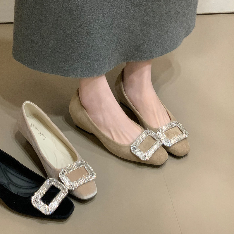 法式方扣水钻坡跟一脚蹬单鞋新款通勤丝绒方头高跟鞋女