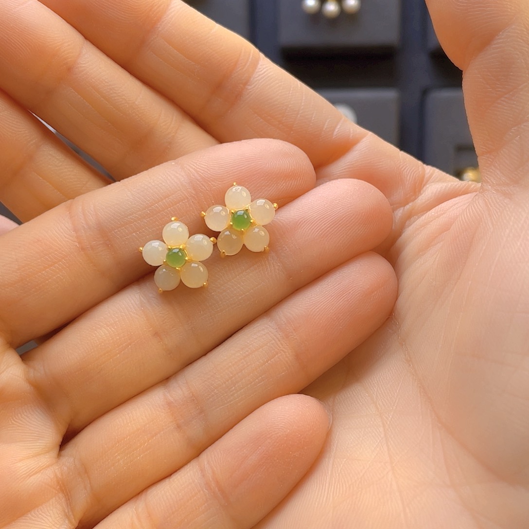 和田玉耳饰银S925镀金镶嵌