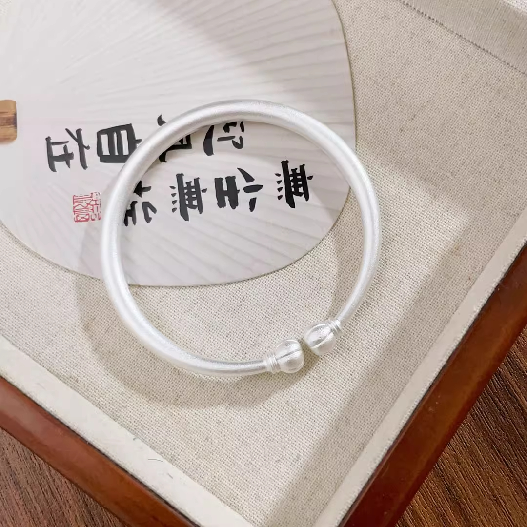 足银手镯 南瓜头开口足银手镯复古哑光款纯银镯送女友情人节礼物