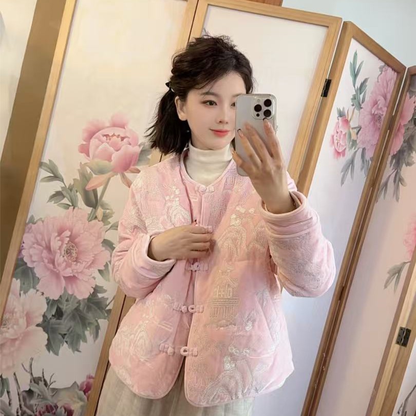 7712 亭台楼阁盘扣刺绣羽绒服女2025冬季新款百搭90白鸭绒羽绒服