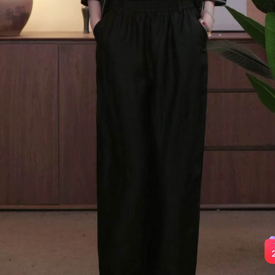 陈 新中式 桑蚕丝松紧腰有口袋老料黑胶绸香云纱裤  23008