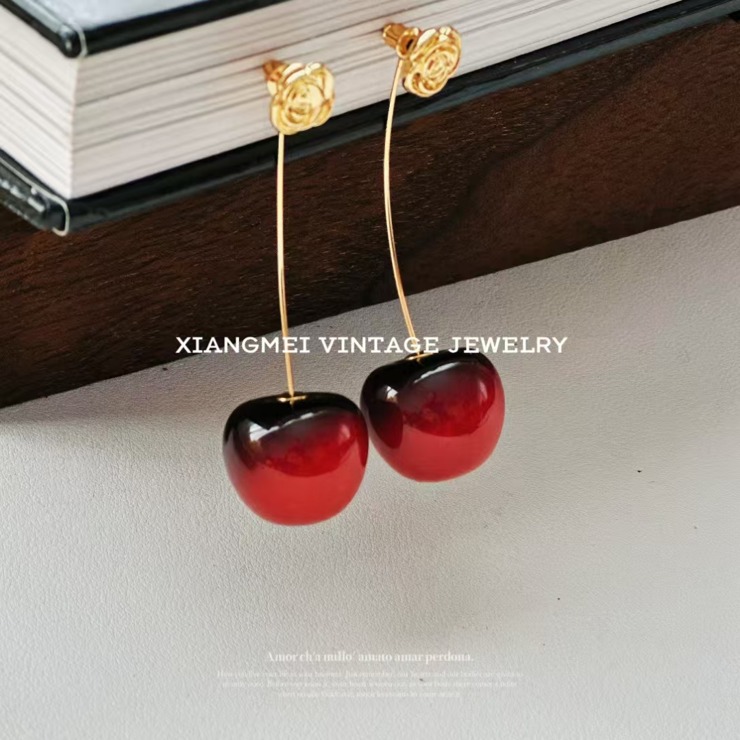 铜合金耳饰 5181695【樱桃红了】法式轻奢风复古百搭红色大樱桃耳饰