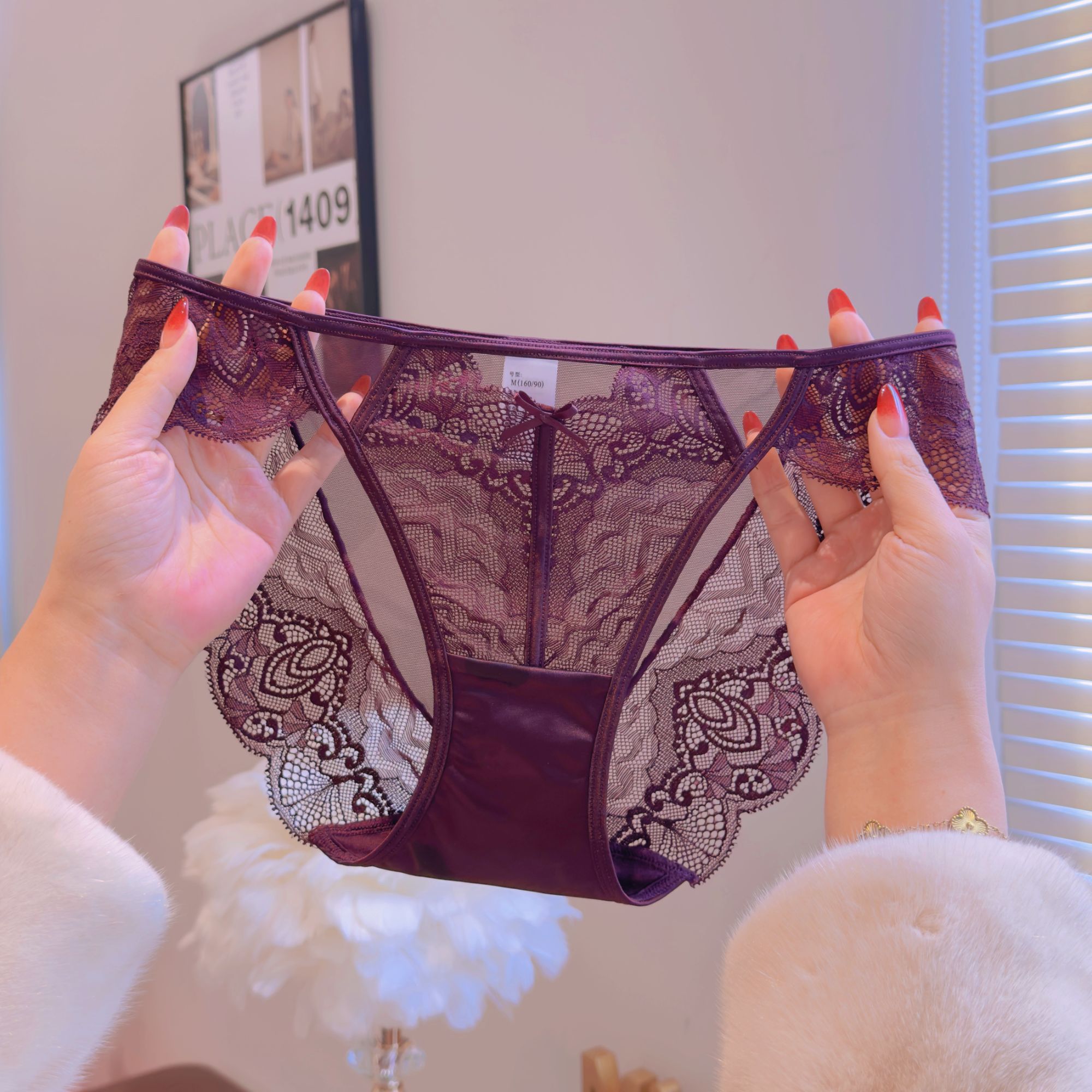 Mimi Angel冬日法式蕾丝内裤中腰设计感舒适时尚浪漫女士内裤紫色