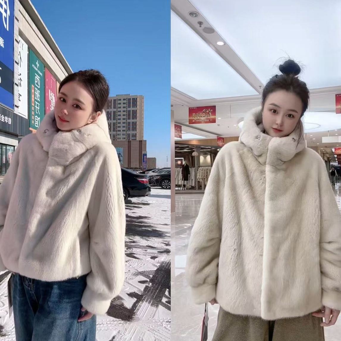 珍珠防风帽貂皮外套