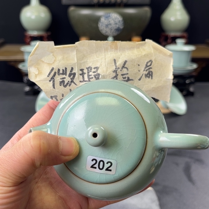 杯仿古釉汝官窑西施壶202号微瑕捡漏