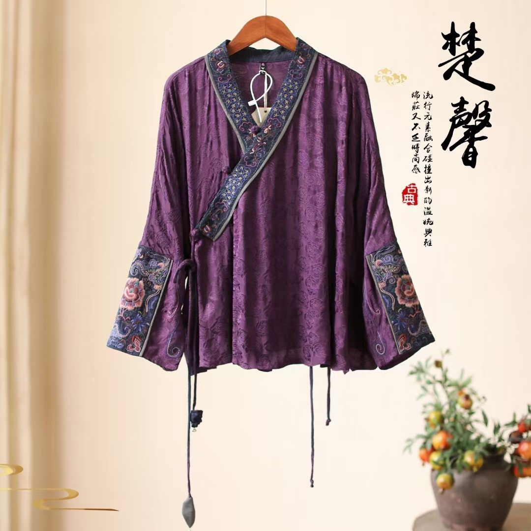 楚馨中式复古刺绣上衣女文艺民族风宽松茶服