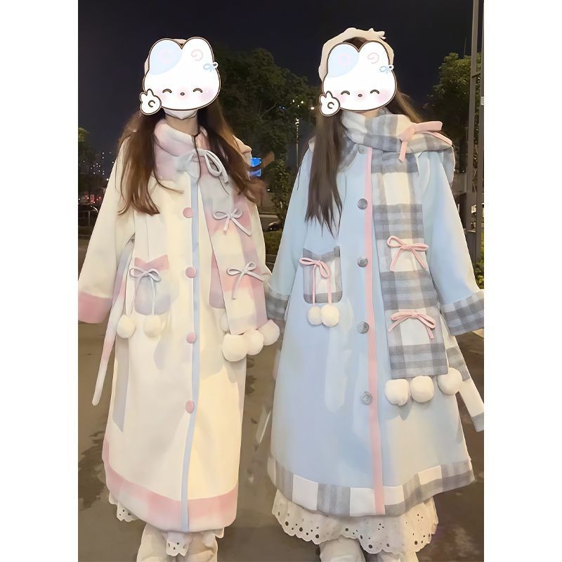 【可可森林四件套】奶油可可秋冬可爱蝴蝶结甜美少女围巾毛呢大衣