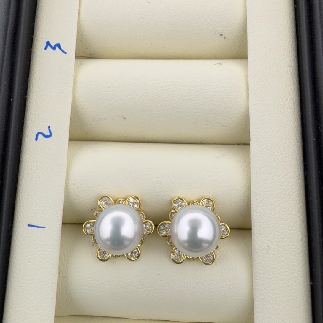 银S925镶嵌海水珍珠耳饰澳白近圆对珠耳钉银蓝色9.8-9.8mm