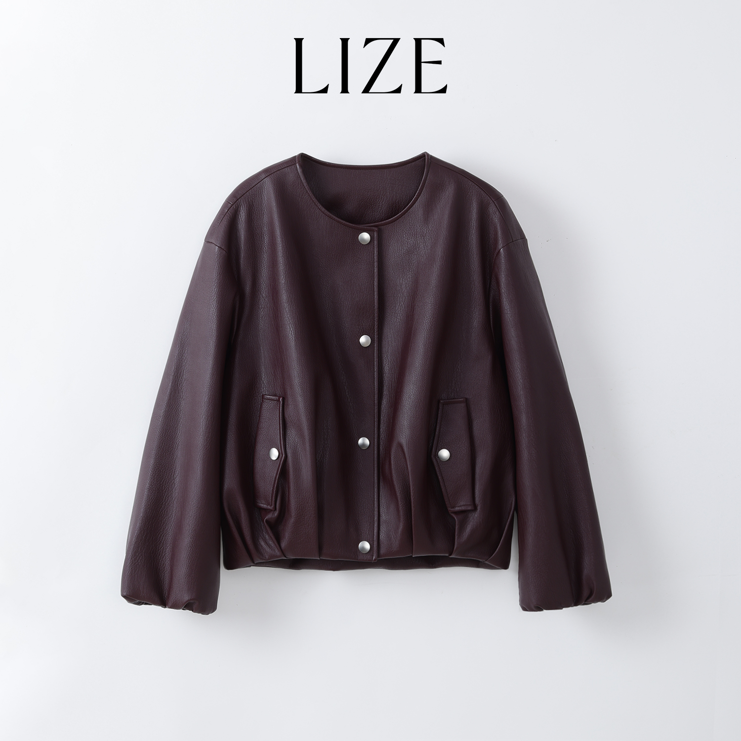 LIZE「哈灵顿皮衣-鹅绒服」高定柔软蛋白皮.高级感.环保皮圆领外套