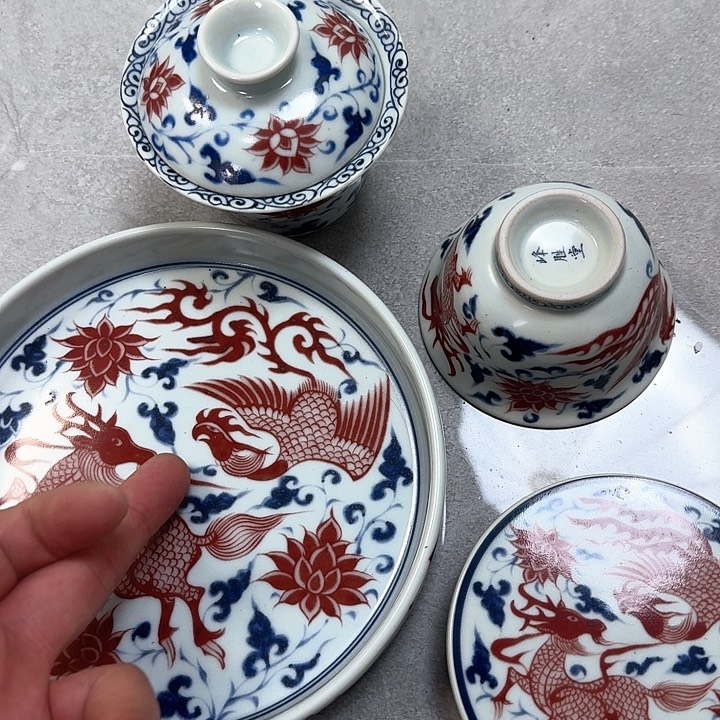瓷片釉里红麒麟追凤4件套景德镇