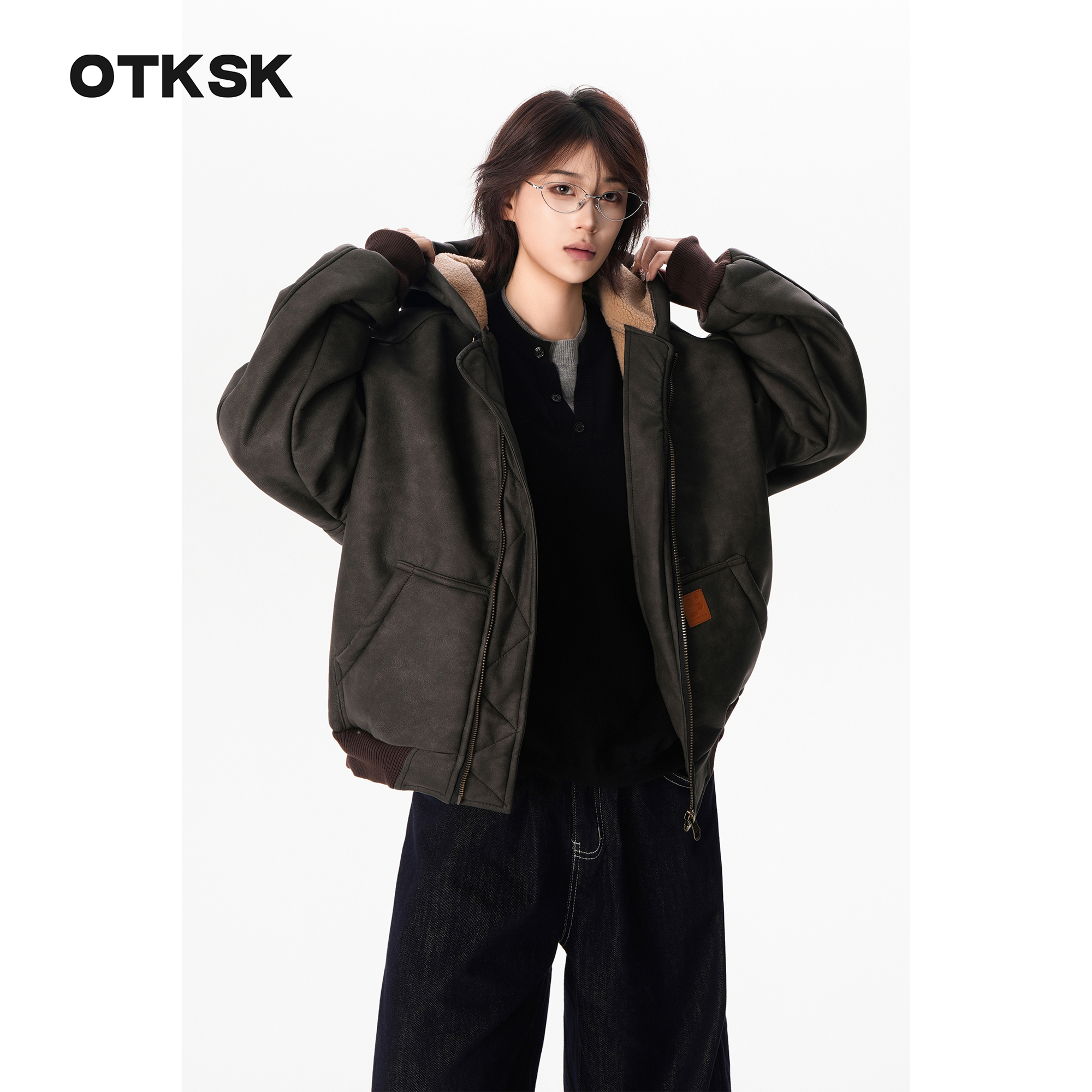 otksk冬季水洗做旧底特律情侣连帽棉服羊羔绒设计感外套TP061