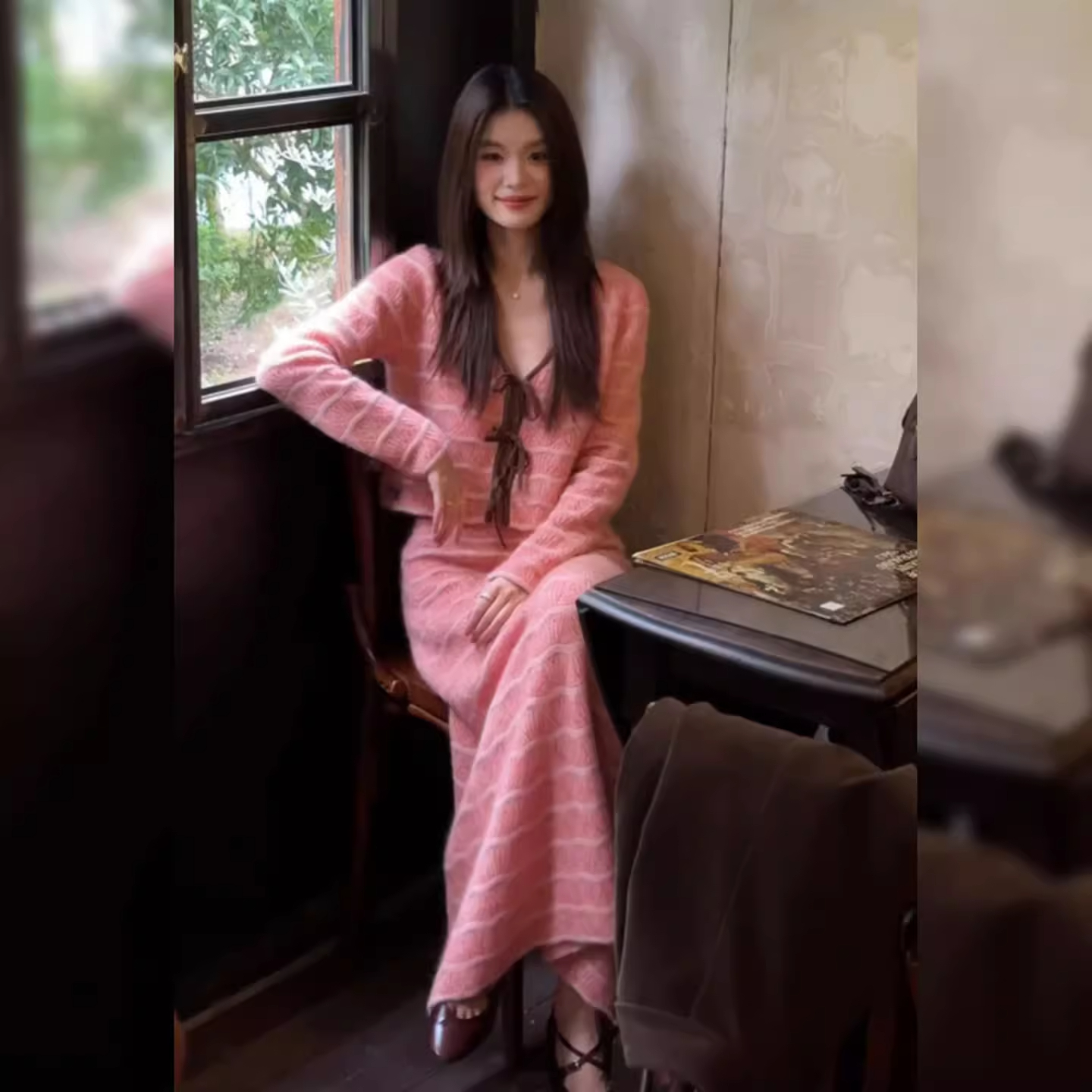 温柔风甜美粉色套装女2025秋季新款长袖条纹针织上衣半身裙两件套