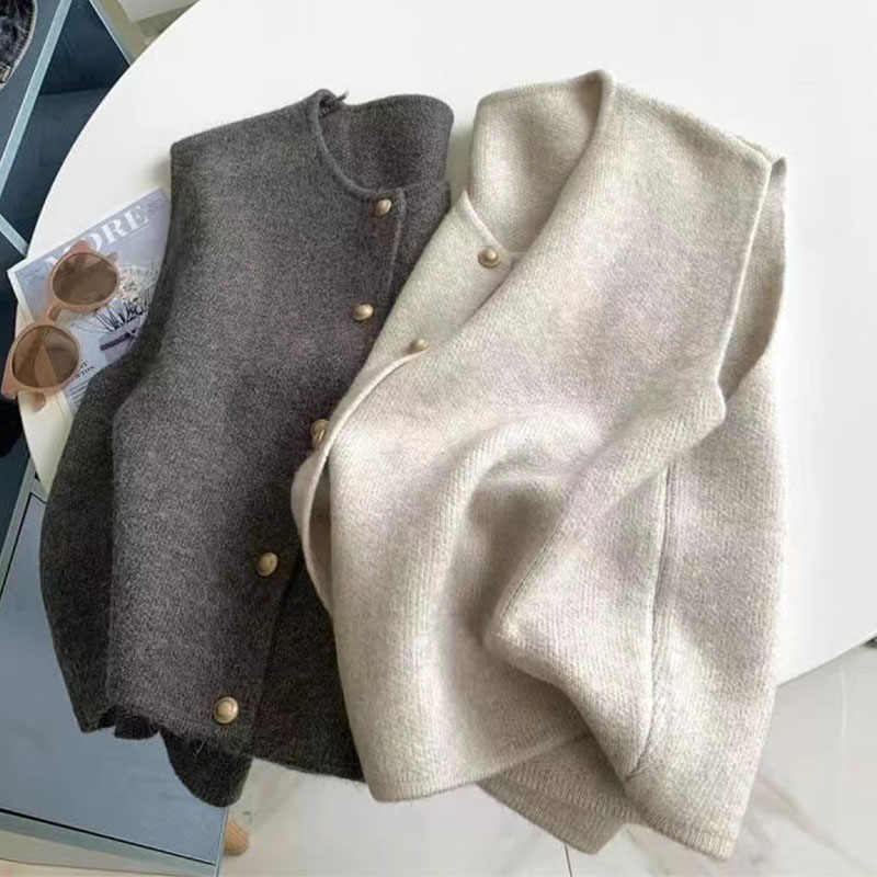 圆领开衫马甲女纯色百搭气质针织背心秋冬叠穿内搭坎肩上衣