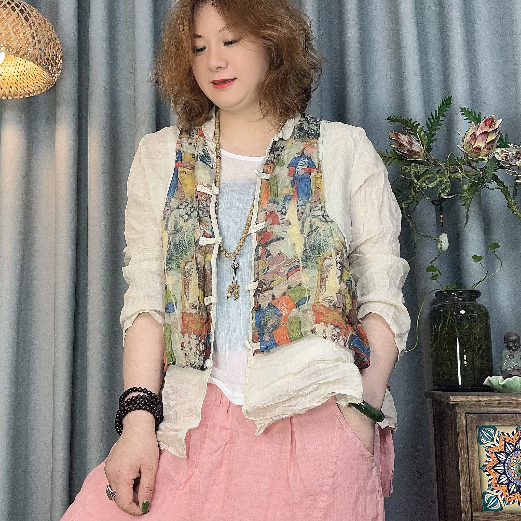 南尘~推荐【春夏款100支苎麻小众假两件长袖上衣】复古百搭假两件