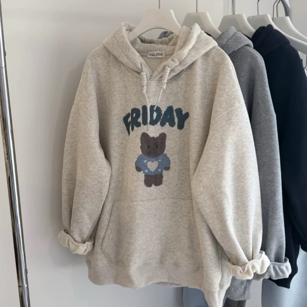 秋冬韩系小熊带帽加绒加厚卫衣宽松中长款上衣