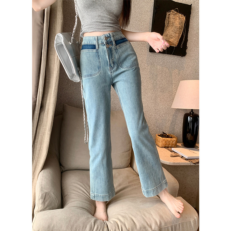 高腰弹力微喇叭牛仔裤女夏季薄款大码胖mm宽松显瘦九分直筒阔腿裤