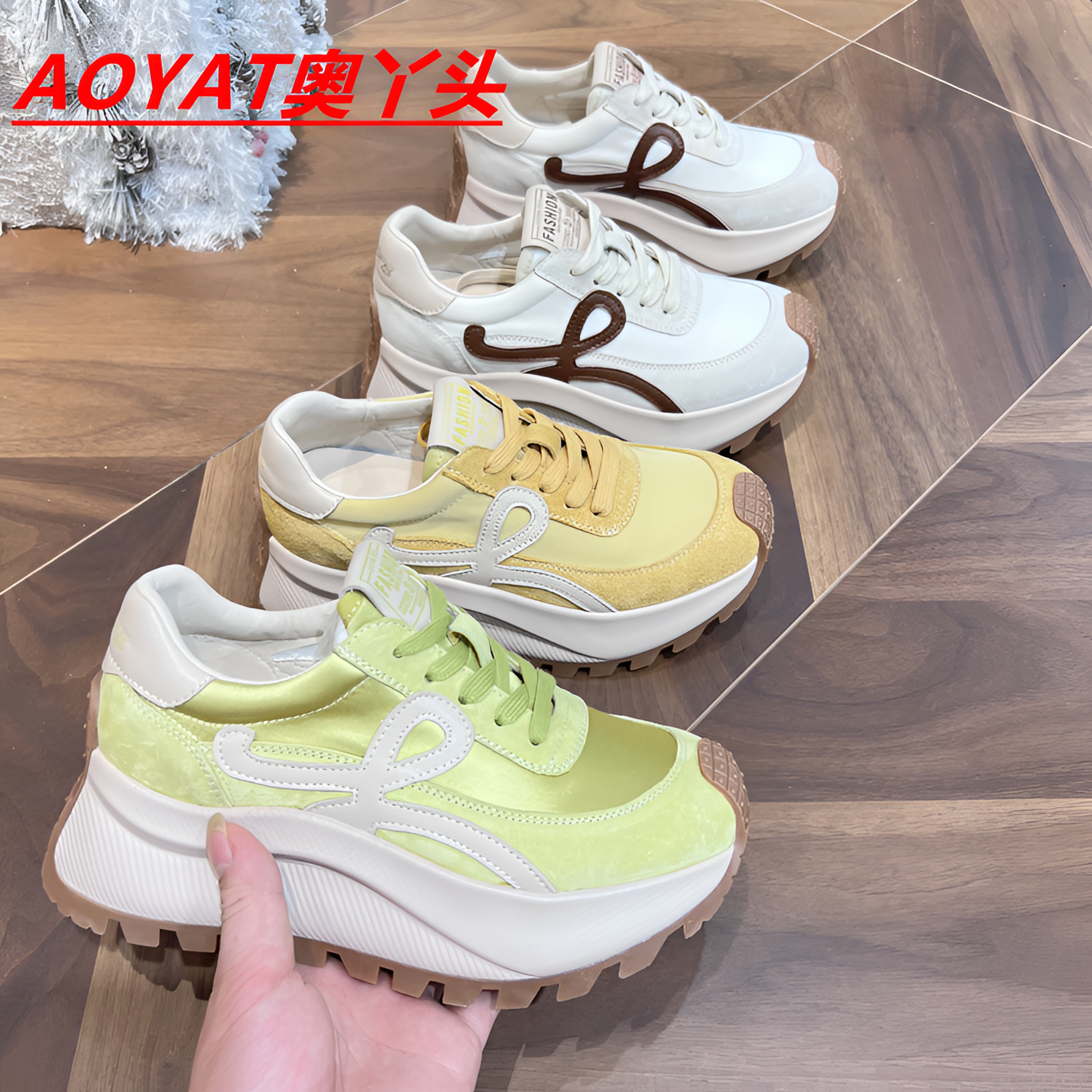 新款6厘米春秋复古系带舒适真皮阿甘鞋厚底拼色运动休闲鞋AY2590