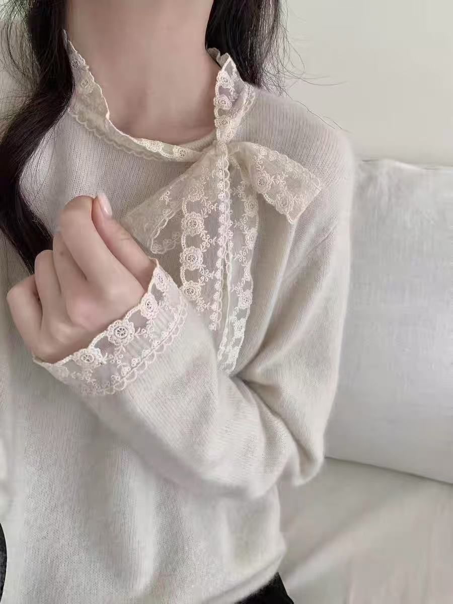 七言家 巨好看！栀子白蕾丝系带蝴蝶结毛衣